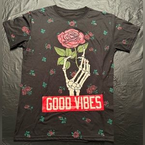 Large Black Shirt with Rose Accents and “Good Vibes” printed